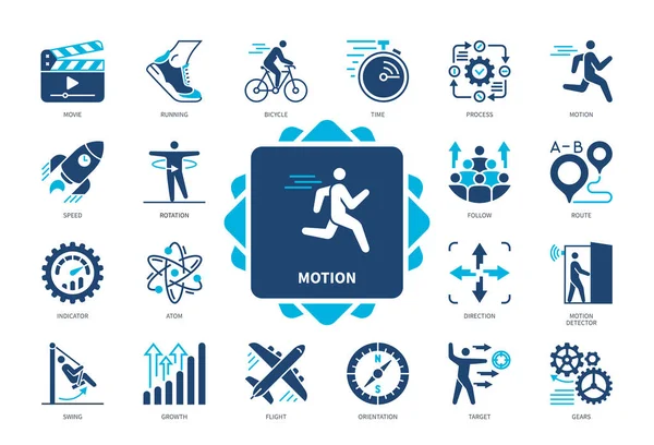 stock vector Motion icon set. Running, Swing, Rotation, Direction, Movie, Bicycle, Speed, Motion Detector, Atom. Duotone color solid icons