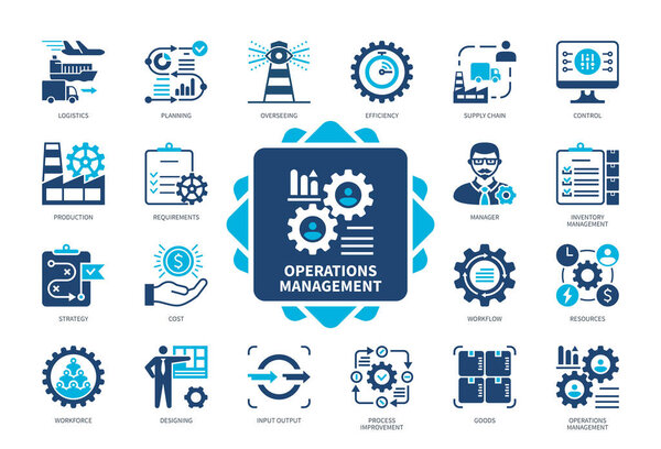 Набор значков Operations Management. Контроль, стратегия, логистика, совершенствование процессов, цепочка поставок, ресурсы, рабочая сила, производство. Цвет дуотона твердый