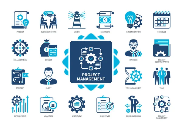 Projektmanagement Symbol Gesetzt Ziele Budget Projektdokumentation Umsetzung Entwicklung Strategie Analytik — Stockvektor
