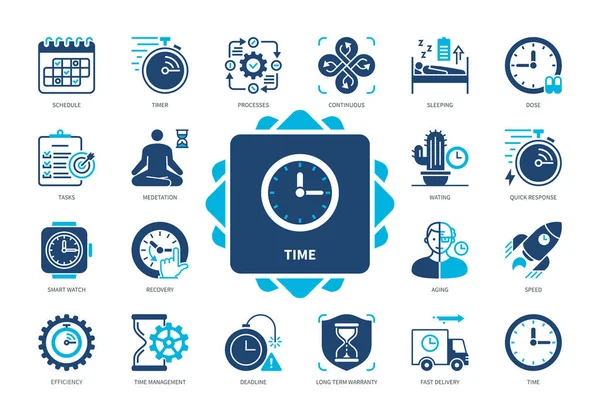Conjunto Ícone Tempo Esperando Horário Eficiência Processo Relógio Inteligente Contínuo — Vetor de Stock