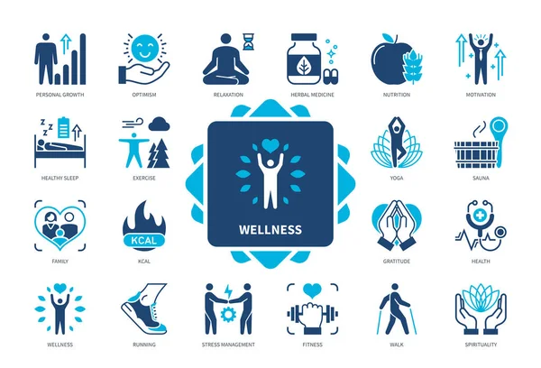 Zestaw Ikon Wellness Rodzina Wellness Odżywianie Bieganie Relaks Rozwój Osobisty — Wektor stockowy