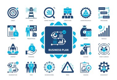 İş Planı simgesi ayarlandı. Hedef, Rekabetçiler, Yönetim, Pazar Araştırması, Riskler, Analizler, Prosedürler, Gelirler. Duotone renk katı simgeleri