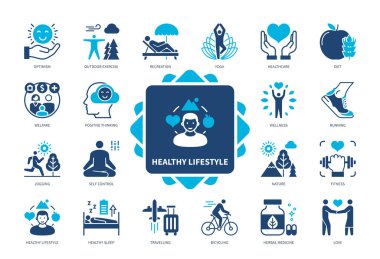 Sağlıklı Yaşam Tarzı simgesi seti. Sağlık, Rekreasyon, Pozitif Düşünme, Fitness, Seyahat, Yoga, İyimserlik, Bitkisel Tıp. Duotone renk katı simgeleri