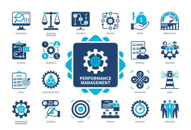 Performans Yönetimi simgesi seti. İzleme, Takım Çalışması, Verimlilik, İnsan Kaynakları, Dengeli Puan Kartı, Hedefler, Kâr, Verimlilik. Duotone renk katı simgeleri
