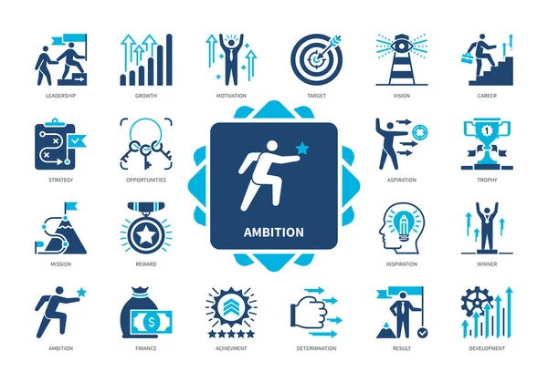 Ambitionsikonen Satt Mål Ledarskap Vision Motivation Möjligheter Bestämning Utveckling Resultat — Stock vektor