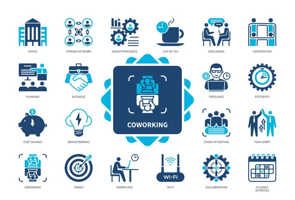 Coworking Icon Set Büro Starkes Netzwerk Flexibler Zeitplan Freelance Brainstorming — Stockvektor