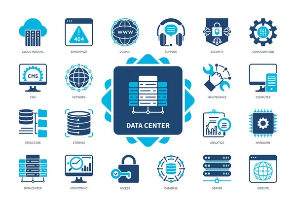 Veri Merkezi simgesi ayarlandı. Sunucu, Depolama, Bakım, Güvenlik, Yapılandırma, İzleme, Ağ, Yazılım. Duotone renk katı simgeleri