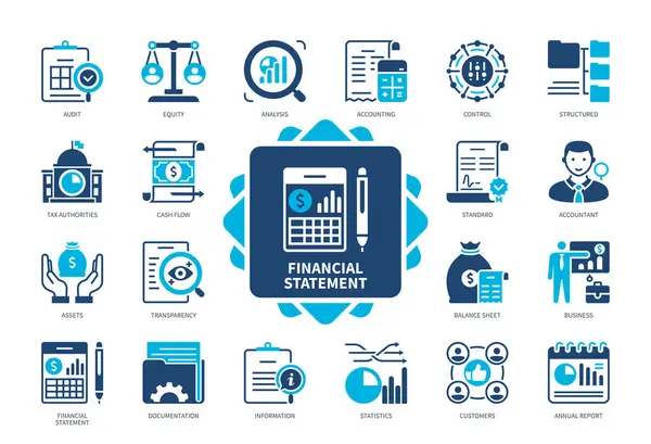 Financial Statement Icon Set Accounting Equity Transparency Audit Tax Authorities — Stock Vector