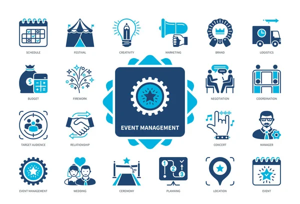 Event Management Icon Gesetzt Events Termine Festival Budget Zielpublikum Koordination — Stockvektor