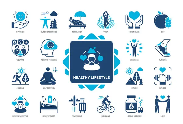 Healthy Lifestyle icon set. Wellness, Recreation, Positive Thinking, Fitness, Traveling, Yoga, Optimism, Herbal Medicine. Duotone color solid icons