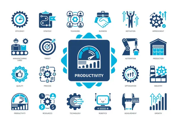 Conjunto Ícones Produtividade Eficiência Estratégia Negócios Tecnologia Crescimento Automação Qualidade — Vetor de Stock