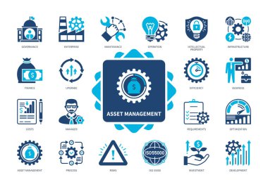 Asset Management icon set. Finance, Infrastructure, Enterprise, Intellectual Property, Optimisation, Governance, Investment, Manager. Duotone color solid icons clipart