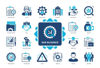 Due Diligence simgesi ayarlandı. Yatırım, Değerlendirme, Riskler, Karar Verme, Maliyet, Yönetim, Sözleşme, Analiz. Duotone renk katı simgeleri