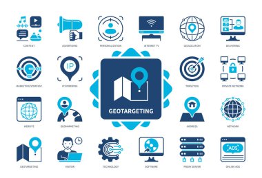 Geotarma simgesi seti. Web sitesi, IP örümceği, dağıtım, kişiselleştirme, özel ağ, coğrafi pazarlama, ziyaretçi, vekil sunucu. Duotone renk katı simgeleri