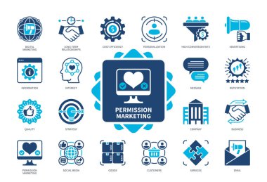 İzin Pazarlama simgesi ayarlandı. Maliyet Verimliliği, Kişiselleştirme, Sosyal Medya, Yüksek Dönüşüm Oranı, Müşteriler, Reklam, İtibar, Mal, Hizmetler. Duotone renk katı simgeleri