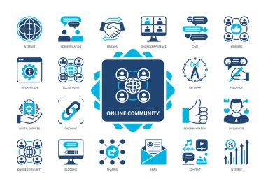 Çevrimiçi topluluk simgesi ayarlandı. İnternet, Ağ, Blog, Dijital Hizmetler, Arkadaşlar, İletişim, Sosyal Medya, Paylaşım. Duotone renk katı simgeleri