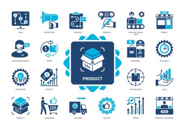 Ürün simgesi seti. Teslimat, geribildirim, fiyatlandırma, trendler, pazar, üretim hatları, müşteri hizmetleri, kalite. Duotone renk katı simgeleri