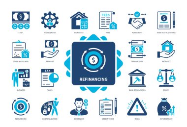 Simge yeniden oluşturuluyor. Kredi Koşulları, İpotek, Borç Yükümlülüğü, Tüketici Kredileri, Faiz Oranı, Emlak, Koşullar, Anlaşma. Duotone renk katı simgeleri