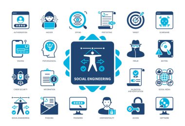 Sosyal Mühendislik simgesi seti. Phishing, Şifre, Yem, Casusluk, Scareware, Erişim, Bahane, Siber Güvenlik. Duotone renk katı simgeleri