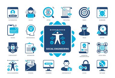 Social Engineering icon set. Phishing, Password, Baiting, Spying, Scareware, Access, Pretexting, Cyber Security. Duotone color solid icons clipart