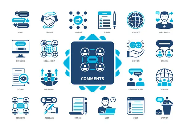 Conjunto Iconos Comentarios Comunicación Redes Sociales Seguidores Chat Blogs Compartir — Vector de stock