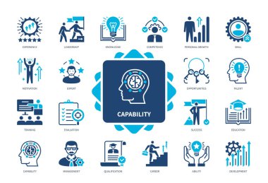 Capability icon set. Qualification, Competence, Knowledge, Leadership, Career, Ability, Personal Growth, Management. Duotone color solid icons clipart