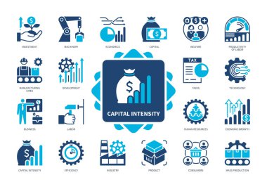 Capital Intensity icon set. Capital, Labor, Product, Machinery, Mass Production, Economics, Efficiency, Human Resources. Duotone color solid icons clipart