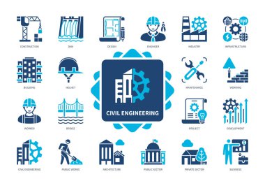 Civil Engineering icon set. Design, Working, Maintenance, Construction, Environment, Architecture, Infrastructure, Industry. Duotone color solid icons clipart