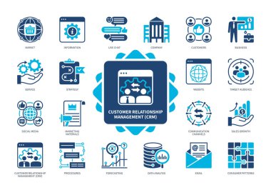 Customer relationship management CRM icon set. Business, Sales, Target Audience, Social Media, Forecasting, Information, Customers, Marketing Materials. Duotone color solid icons clipart