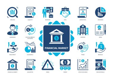 Finansal pazar simgesi seti. Menkul Kıymetler, Riskler, Borsa, Kripto Döviz, Bölünme, Ticaret, Analiz, Maliye. Duotone renk katı simgeleri