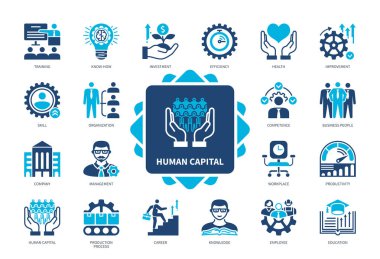 Human Capital icon set. Production Process, Employee, Know-How, Education, Skills, Knowledge, Health, Earnings. Duotone color solid icons clipart