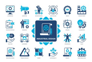 Industrial Design icon set. Goods, Elaboration, Mass Production, Automation, Problem Solving, User Focused, Brand, Marketing. Duotone color solid icons clipart