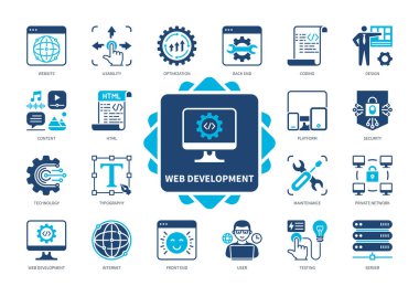 Web Geliştirme simgesi seti. Platform, Typography, Test, Kodlama, Bakım, Kullanılabilirlik, Web Sitesi, Tasarım. Duotone renk katı simgeleri