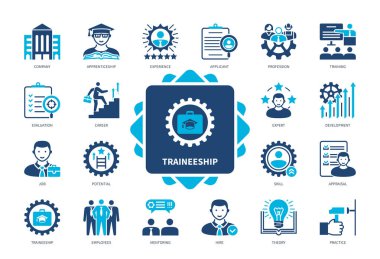 Traineeship icon set. Profession, Apprenticeship, Experience, Skill, Potential, Development, Career, Training. Duotone color solid icons clipart