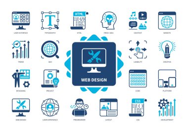 Web Tasarım simgesi seti. Platform, Kullanılabilirlik, İçerik, Taze Fikir, Düzen, Kullanıcı Deneyimi, Kullanıcı Arayüzü, Web Sitesi. Duotone renk katı simgeleri