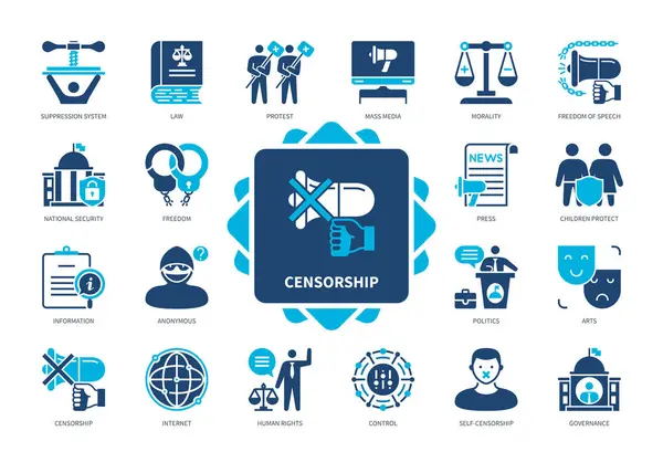Censur Ikon Set Styrning Kontroll Undertryckande System Internet Information Självcensur — Stock vektor