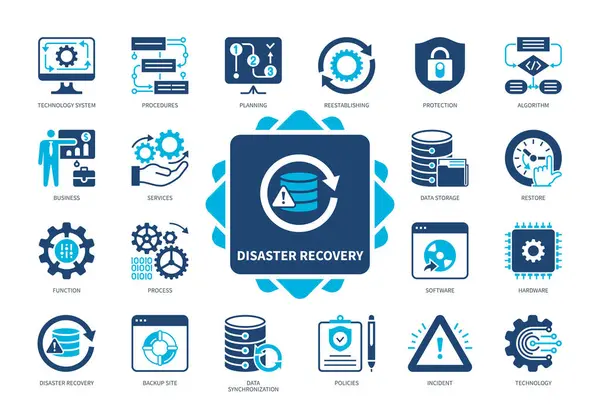 stock vector Disaster Recovery icon set. Incident, Backup Site, Procedures, Planning, Data Storage, Reestablishing, Technology System, Data Synchronization. Duotone color solid icons