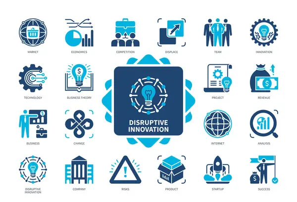 Disruptive Innovation Icon Set Technology Business Theory Market Competition Displace — Stock Vector
