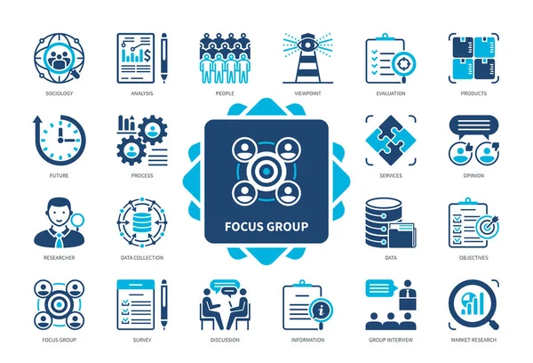 Focus Group Icon Set Products Services Survey Group Interview Analysis — Stock Vector