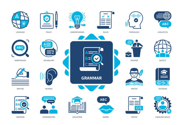 Grammar icon set. Writing, Language, Morphology, Speech, Rules, Education, Syntax, Understanding. Duotone color solid icons