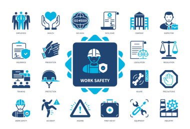 İş Güvenliği simgesi seti. Koruma, Tehlike Masası, İlk Yardım Çantası, Önlemler, Sağlık, Ekipman, Eğitim. Duotone renk katı simgeleri