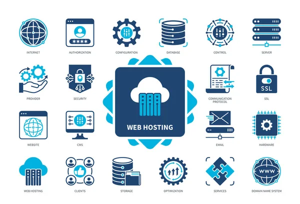 Web Hosting Ikon Készlet Email Hosting Weboldal Szerver Adatbázis Domain — Stock Vector