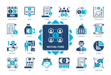 Ortak fon simgesi seti. Menkul Kıymetler, Nakit Akış, Para, Yatırım, Borsa, Ticaret, Bölünme, Endeks. Duotone renk katı simgeleri