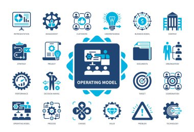İşletim Model simgesi seti. Teknoloji, Performans, Strateji, Karar Verme, İş Modeli, Anlayış, Yönetim, Temsil. Duotone renk katı simgeleri