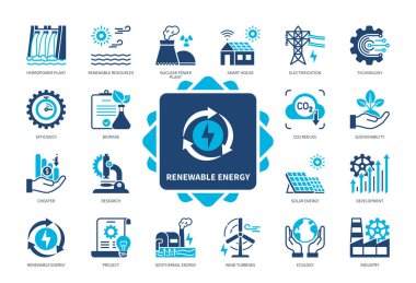 Yenilenebilir enerji simgesi ayarlandı. Yenilenebilir kaynaklar, Nükleer Santral, Geliştirme, Rüzgar Türbinleri, Ekoloji, Güneş Enerjisi, Jeotermal Enerji, Hidroelektrik Santrali. Duotone renk katı simgeleri