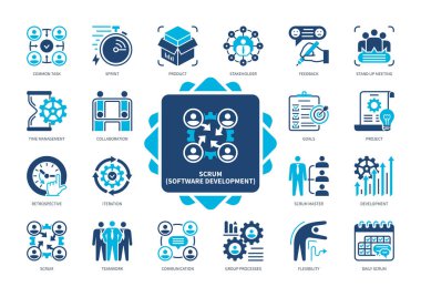 Scrum icon set. Stakeholders, Sprint, Common Task, Collaboration, Iteration, Retrospective, Feedback, Development. Duotone color solid icons clipart