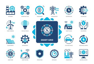 Smart Grid icon set. Factories, Distribution, Renewable Energy, Smart Meters, Power Plant, Eco Light Bulb, Protection, Infrastructure. Duotone color solid icons clipart