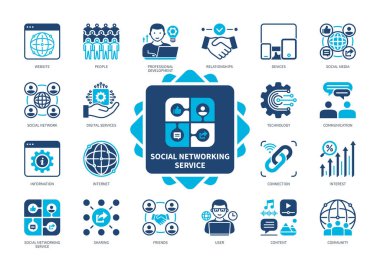 Sosyal Ağ Servisi SNS simgesi seti. Cihazlar, Çevrimiçi Topluluk, İçerik, Paylaşma, İnsanlar, Dijital Hizmetler, İlişki, Web Sitesi. Duotone renk katı simgeleri