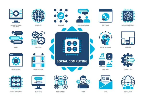 Conjunto Iconos Informática Social Tecnología Ciencias Computación Comunicación Compartir Blogs — Vector de stock