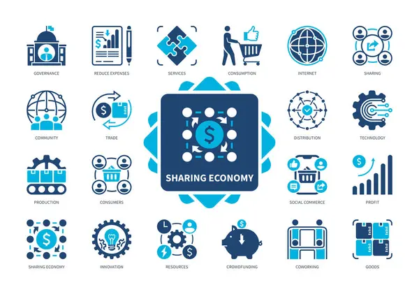 Ensemble Icônes Économie Partagée Ressources Consommation Financement Participatif Innovations Partage — Image vectorielle
